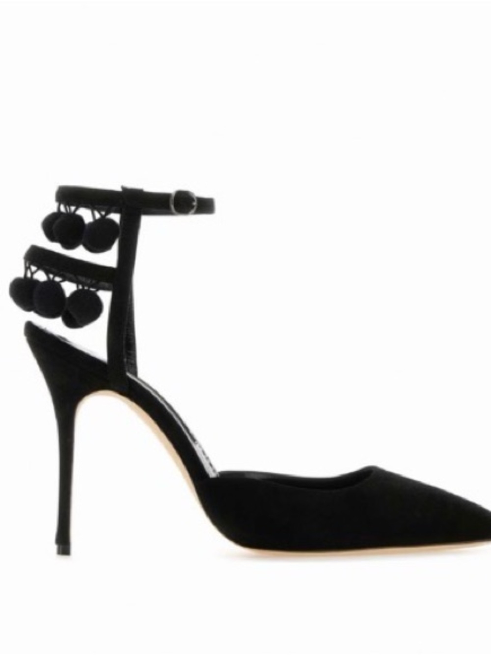 Manolo Blahnik Black Suede Pointed-Toe Stiletto with Pom-Pom Ankle Straps